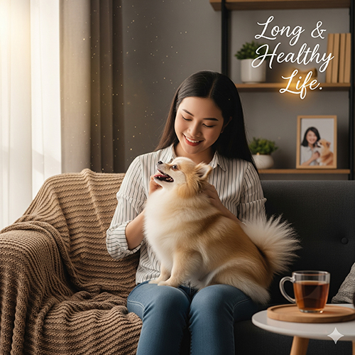Chú chó Phốc Sóc trưởng thành bình yên nằm trong lòng chủ, thể hiện cuộc sống hạnh phúc và lâu dài.