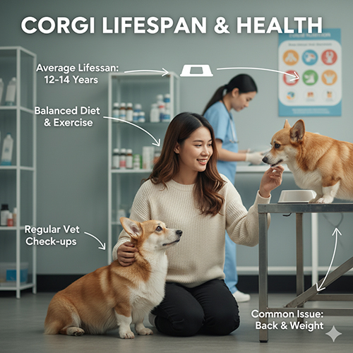 Tuổi thọ & sức khỏe chó Corgi – trung bình 12–14 năm, cần chế độ ăn cân bằng, vận động, khám định kỳ, phòng bệnh béo phì và cột sống