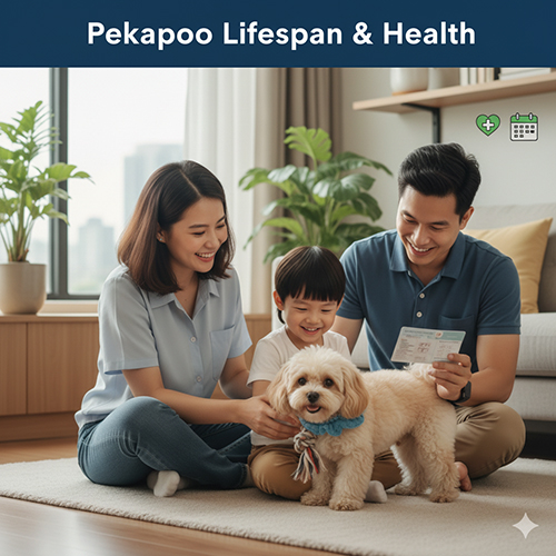 Tuổi thọ Pekapoo – Poodle lai Bắc Kinh: sống 12–14 năm, dễ gặp bệnh mắt, béo phì và vấn đề hô hấp; cần vệ sinh mắt, giữ cân nặng và khám thú y định kỳ