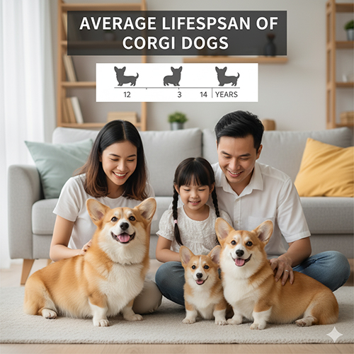Gia đình vui vẻ bên chó Corgi, minh họa tuổi thọ trung bình 12–14 năm