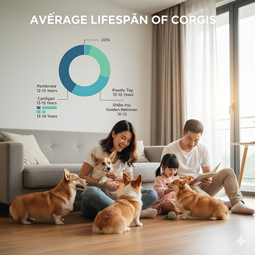 Gia đình vui chơi cùng đàn chó Corgi trong phòng khách, minh họa tuổi thọ trung bình 12–14 năm