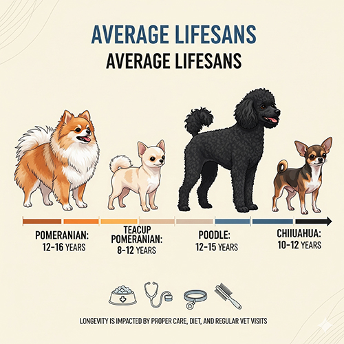 So sánh tuổi thọ chó Phốc Sóc, Pom Teacup, Poodle và Chihuahua