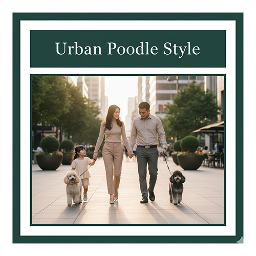 Gia đình Việt trẻ dắt chó Poodle kiểu Urban trên phố.