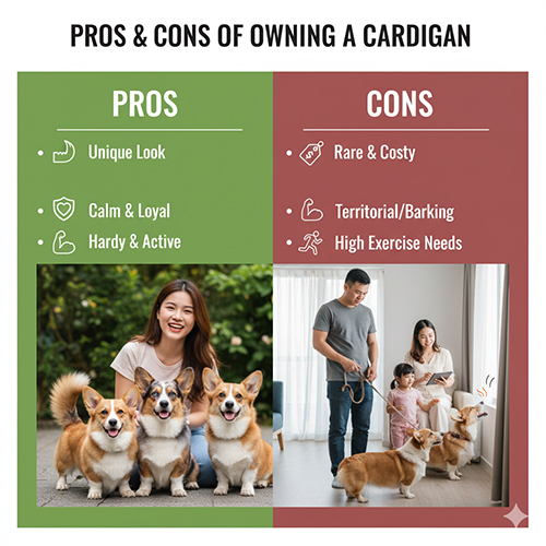 Ưu nhược điểm khi nuôi Cardigan Welsh Corgi: ngoại hình độc đáo, trung thành, khỏe bền nhưng giá cao, hiếm và cần nhiều vận động