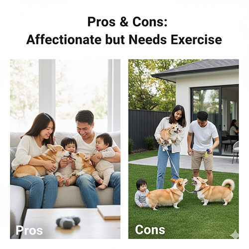Gia đình ôm ấp và dắt chơi cùng Pembroke Corgi, minh họa ưu nhược điểm của giống chó này
