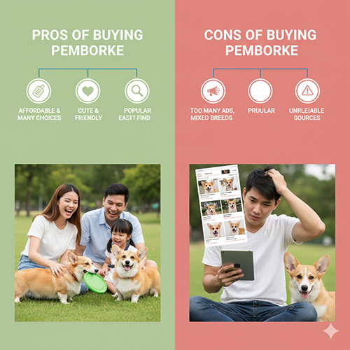 So sánh ưu và nhược điểm khi mua chó Corgi Pembroke – gia đình vui chơi cùng Corgi và người đàn ông lo lắng trước tin rao bán chó