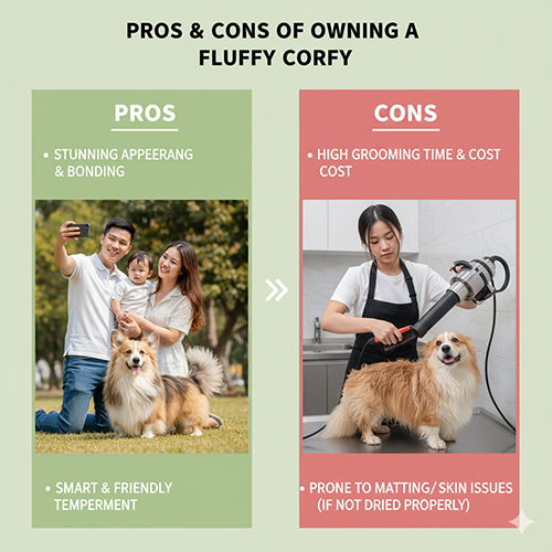 So sánh ưu và nhược điểm khi nuôi Corgi lông dài Fluffy: ngoại hình đẹp, tính cách thân thiện nhưng cần chăm sóc lông kỹ và tốn thời gian.
