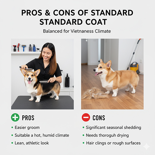 So sánh ưu và nhược điểm khi nuôi Corgi lông ngắn Standard: dễ chăm, hợp khí hậu nóng ẩm nhưng vẫn rụng lông nhiều theo mùa.