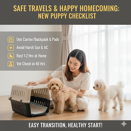 Hướng dẫn vận chuyển chó Poodle con an toàn khi nhận nuôi – dùng hộp chuyên dụng, tránh nắng gắt và khám thú y trong 48h