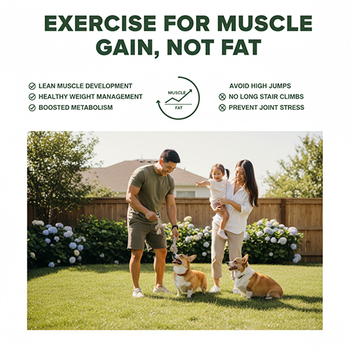 Gia đình chơi cùng chó Corgi ngoài vườn để vận động và phát triển cơ bắp