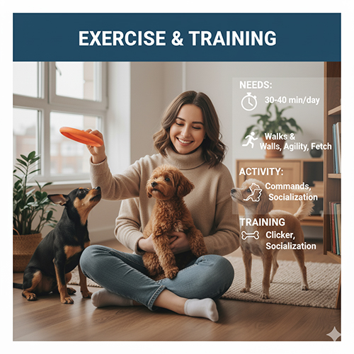Poodle lai Phốc hươu cần 30–40 phút vận động mỗi ngày, dễ huấn luyện, thích chạy nhảy và chơi ném bóng