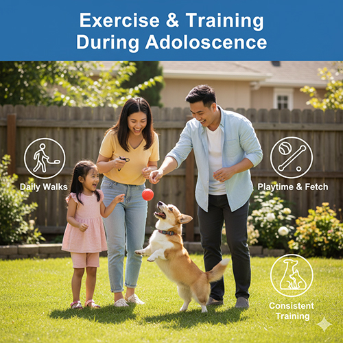 Gia đình cùng huấn luyện và chơi đùa với Corgi 6 tháng tuổi trong sân vườn