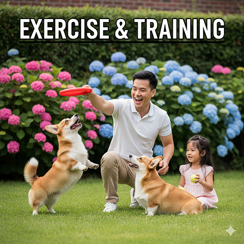 Người đàn ông chơi ném đĩa với hai chú Corgi trưởng thành trong vườn, bé gái cầm bóng đứng cạnh