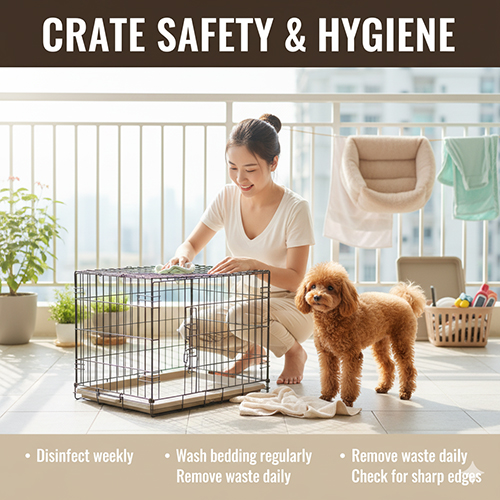 Chăm sóc và vệ sinh chuồng chó Poodle – khử khuẩn, thay đệm, dọn phân hàng ngày, kiểm tra an toàn