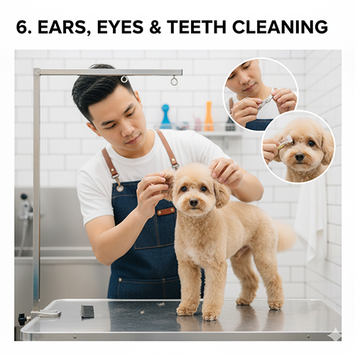 Vệ sinh tai, mắt và răng cho chó Poodle tại spa thú cưng