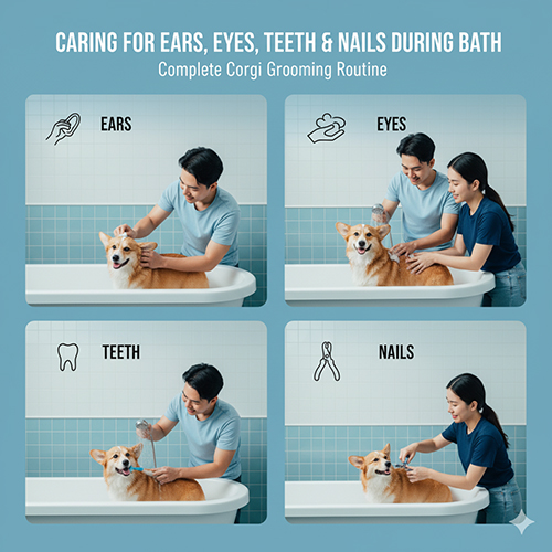 Lưu ý vệ sinh tai, mắt, răng và móng cho chó Corgi trong lúc tắm để chăm sóc toàn diện