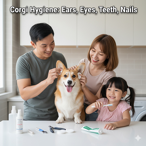 Gia đình vệ sinh tai và răng cho chó Corgi trên bàn – hướng dẫn chăm sóc tai, mắt, răng, móng