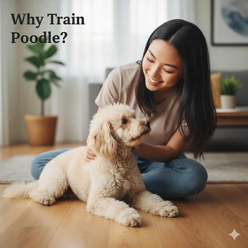 Cô gái mỉm cười vuốt ve chó Poodle lông xoăn màu kem trong phòng khách, minh họa lý do cần huấn luyện.