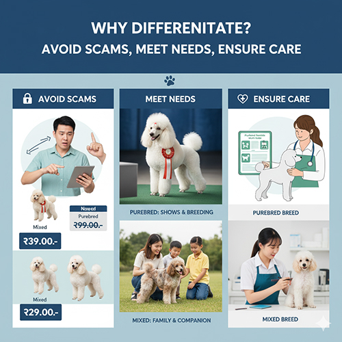 Vì sao cần phân biệt Poodle thuần chủng và lai – tránh lừa đảo, chọn đúng nhu cầu (nuôi chơi, nhân giống, thi show), chăm sóc phù hợp sức khỏe và dinh dưỡng