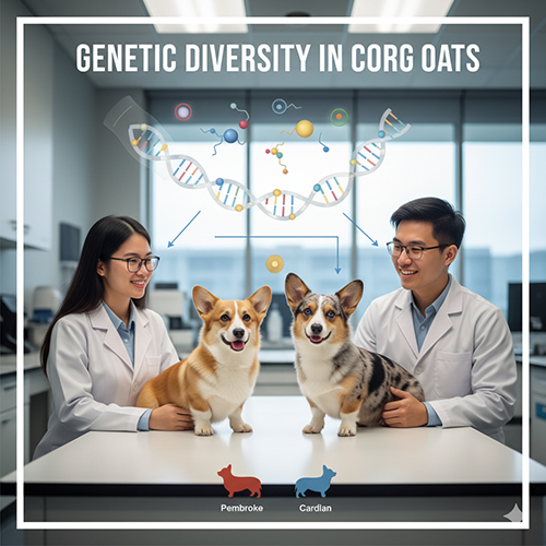 Hai chuyên gia di truyền học cùng nghiên cứu Corgi Pembroke và Cardigan với hình ảnh DNA minh họa sự đa dạng màu lông.