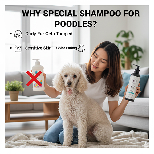 Chó Poodle ngồi cạnh cô gái cầm chai sữa tắm chuyên dụng – lý do cần chọn sản phẩm riêng cho lông xoăn và da nhạy cảm