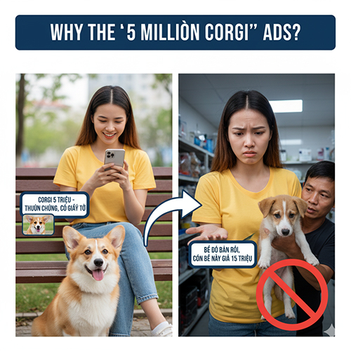 Vì sao có tin rao Corgi 5 triệu – chiêu marketing mồi nhử, nhượng lại, Corgi lai, hoặc bẫy giá ảo