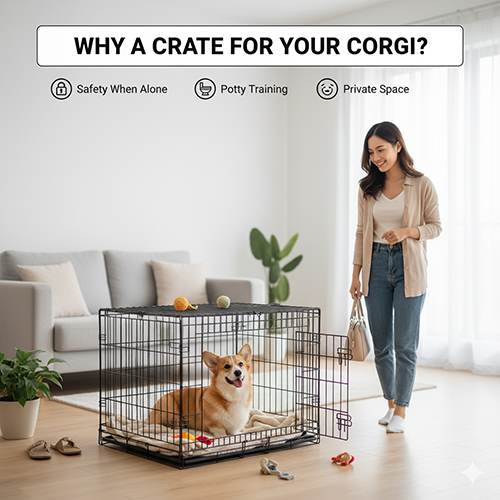 Corgi trong chuồng riêng an toàn, tiện lợi khi chủ vắng nhà