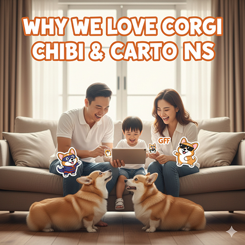 Gia đình hạnh phúc (cha, mẹ, con) ngồi sofa xem máy tính bảng, xung quanh là hai chú Corgi thật và hai sticker Corgi chibi hoạt hình.