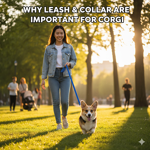 Corgi đi dạo ngoài công viên cùng cô chủ với dây dắt an toàn