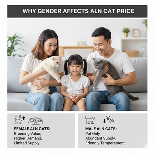 Ảnh minh họa “Vì sao giới tính ảnh hưởng đến giá mèo ALN” – gia đình Việt ôm hai mèo British Shorthair màu kem và xám, kèm boxinfo nêu mèo cái đắt do giá trị sinh sản và nguồn cung hạn chế, mèo đực rẻ hơn do nguồn cung dồi dào