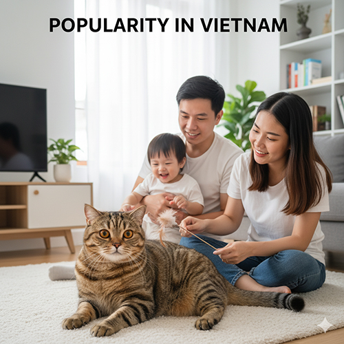 Gia đình chơi đùa cùng mèo mướp lai mèo Anh lông ngắn trong phòng khách sáng, mèo có bộ lông tabby sọc nổi bật