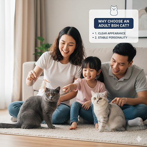 Gia đình chơi với hai mèo Anh lông ngắn (BSH) trưởng thành trong phòng khách; lý do chọn mèo trưởng thành: ngoại hình rõ ràng, tính cách ổn định, phù hợp nhân giống.