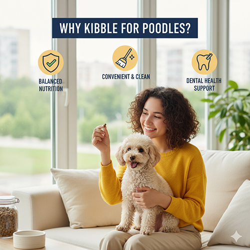 Lợi ích của việc cho chó Poodle ăn hạt – dinh dưỡng cân bằng, tiện lợi vệ sinh và hỗ trợ sức khỏe răng miệng.