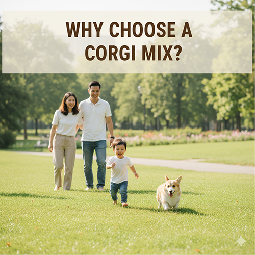 Gia đình dắt chó Corgi lai đi dạo công viên, minh họa lý do nên chọn nuôi Corgi lai