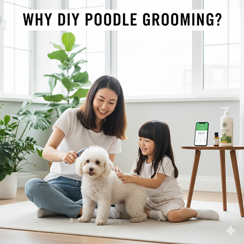 Mẹ và bé gái đang chải lông cho chó Poodle trắng tại nhà – minh họa lợi ích grooming Poodle DIY