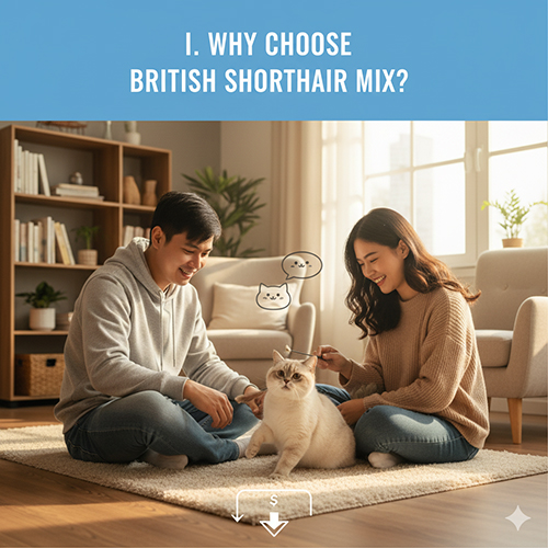 Cặp đôi chơi với mèo Anh lông ngắn lai trong phòng khách, minh họa lý do chọn mèo lai vì giá dễ tiếp cận và ngoại hình vẫn có nét “bánh bao”.