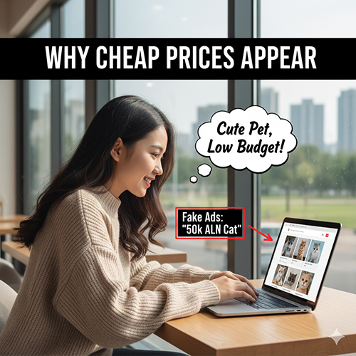 Cô gái nhìn laptop với quảng cáo giả “mèo Anh lông ngắn 50k”, minh họa lý do xuất hiện tin rao giá sinh viên thu hút người ít ngân sách.