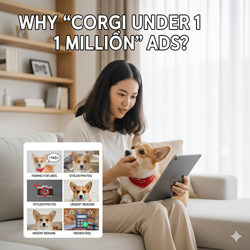 Người phụ nữ dùng tablet bên cạnh chó Corgi, minh họa các lý do xuất hiện tin rao “Corgi dưới 1 triệu” như ảnh cắp, rehome gấp, phí ẩn