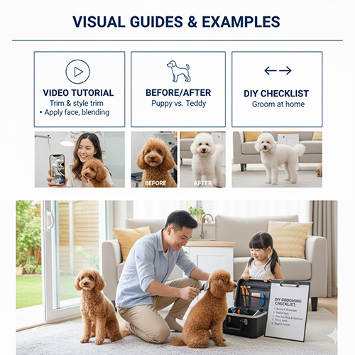 Video và ảnh minh họa cắt tỉa lông Poodle: hướng dẫn tỉa mặt tròn, blend chuyển tiếp, so sánh Puppy clip và Teddy clip, DIY checklist tại nhà