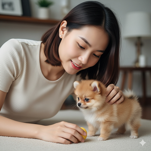 Cô gái trẻ chơi cùng chó Phốc Sóc con 2–3 tháng tuổi trong phòng khách.