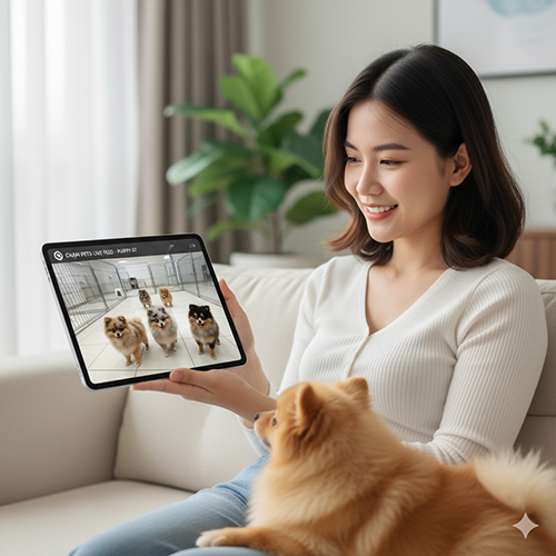 Cô gái xem video chó Phốc Sóc chạy nhảy trên máy tính bảng, bên cạnh chú Pom của mình.