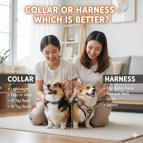 Hai chú chó Corgi đeo vòng cổ và dây yếm, minh họa so sánh phụ kiện