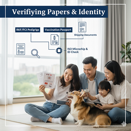 Gia đình kiểm tra pedigree RKF/FCI, hộ chiếu tiêm phòng, chứng từ vận chuyển và quét microchip ISO cho Corgi nhập Nga