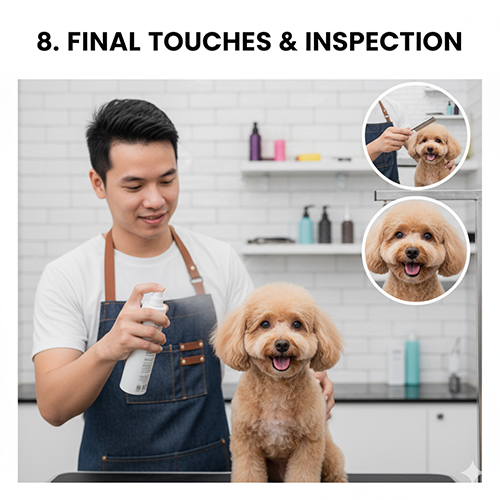 Xịt khử mùi và kiểm tra tổng thể cho chó Poodle sau buổi spa