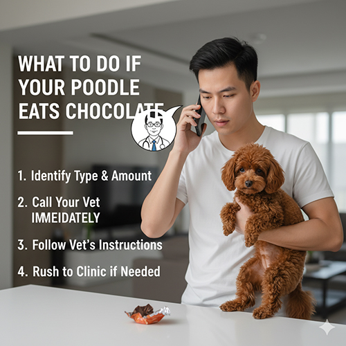 Cách xử lý khi chó Poodle ăn nhầm socola – các bước sơ cứu và gọi bác sĩ thú y ngay.