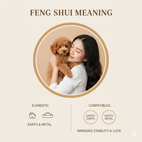 Ý nghĩa phong thủy chó Poodle vàng mơ (vàng kem) – thuộc hành Thổ Kim, biểu tượng may mắn và ổn định