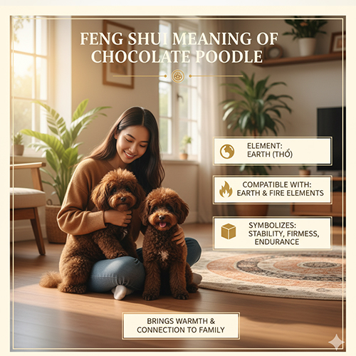 Ý nghĩa phong thủy chó Poodle socola – hành Thổ, hợp mệnh Thổ và Hỏa, biểu trưng sự ổn định và gắn kết