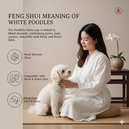Ý nghĩa phong thủy chó Poodle trắng – hành Kim, hợp mệnh Kim và Thủy, biểu tượng may mắn và bình an