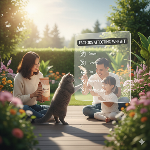 Các yếu tố ảnh hưởng đến cân nặng mèo Anh lông ngắn gồm giới tính, di truyền, chế độ ăn, mức độ vận động và tình trạng triệt sản