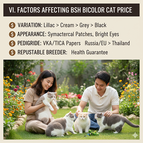 Các yếu tố ảnh hưởng đến giá mèo Anh lông ngắn bicolor gồm biến thể màu, ngoại hình, giấy tờ, nguồn nhập và trại uy tín